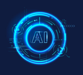 AI Letter Neon light (Artificial Intelligence) logo banner, neural network, cybernetics, digital Hud futuristic and deep learning. Abstract technology background concept.