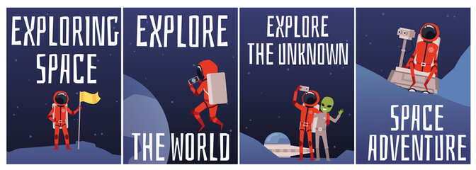 Set of space cards with astronaut exploring universe flat vector illustration.
