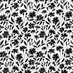 Black flowers with stems vector seamless pattern. Hand drawn botanical ink illustration with floral motif. Camomile, aster or daisy painted by brush. Hand drawn black print, wrapping paper, wallpaper