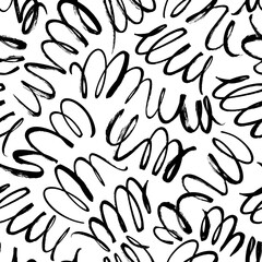 Curly waves hand drawn seamless pattern. Ink brush grunge vector texture. Black wavy lines on white background. Paint brushstrokes freehand drawing. Abstract wrapping paper, textile monochrome design.