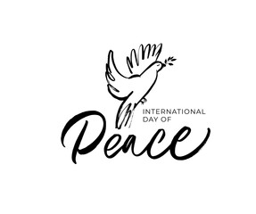 International Peace Day hand written lettering with dove and olive branch. Hand drawn calligraphy phrase isolated on white background. Bird with a palm branch. Holiday card, banner, template, concept