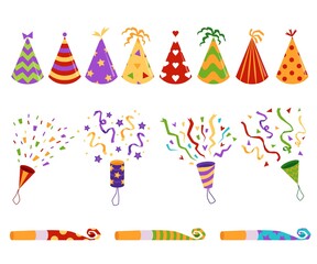 Birthday party hats, blowers and confetti flat vector illustrations set isolated. - obrazy, fototapety, plakaty