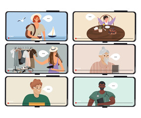 Modern blogs. Set of vector smartphones with video channels about travel, fashion, books, health and daily life. Storytelling and vlogging. Nice vector flat illustration in cartoon style.