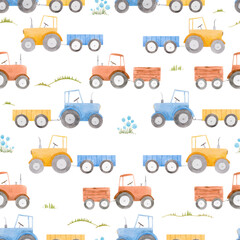 Beautiful seamless pattern with watercolor colorful tractors. Stock illustration.