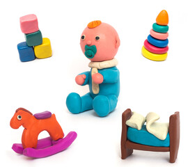 Obraz premium Set of children's toys molded from clay. Plastcine figures.
