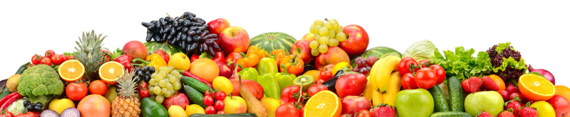 Wide collage ripe vegetables, fruits and berries isolated on white