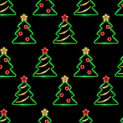 Seamless pattern with neon icons of decorated Christmas trees on black background. Winter holidays, X-mas, New Year concept for wallpaper, wrapping, print. Vector 10 EPS illustration.