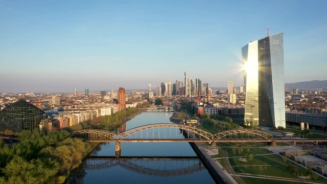 Frankfurt finance city downtown skyline drone shot