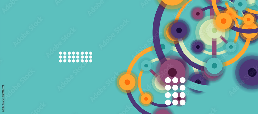 Poster flat style geometric abstract background, round dots or circle connections on color background. tech