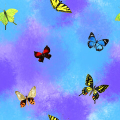 Seamless pattern illustration with 
red,green,blue,yellow and beige  butterflies isolated on an abstract background of a blue-violet shade