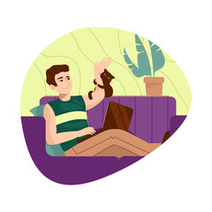 The man works at home on the sofa and plays with a cat. Distance learning or working from home. Vector flat illustration.