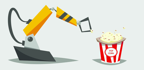 Robot hand taking popcorn from popcorn bucket.Flat vector illustration.
