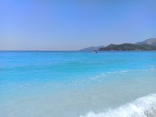 The deep blue color of the Mediterranean Sea near the city of Fethiye in Turkey.