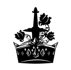 king crown with sword handle and three rose flowers - royal heraldic emblem black and white vector design