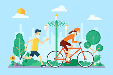 People Jogging and Riding Bicycle Wearing Mask because of the Coronavirus and the New Normal