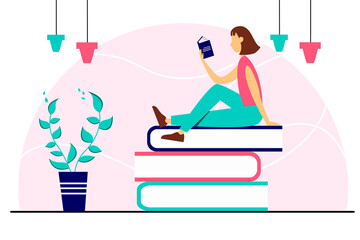 Young girl sitting on a stack of books. Lady reading an interesting story. Cute vector illustration in a flat style. Learning or hobby concept. 