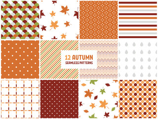12 Autumn seamless patters. Seamless background with fall leaves, polka dot, stripes and zig zag. Abstract fabric texture. Colorful illustration in flat design.