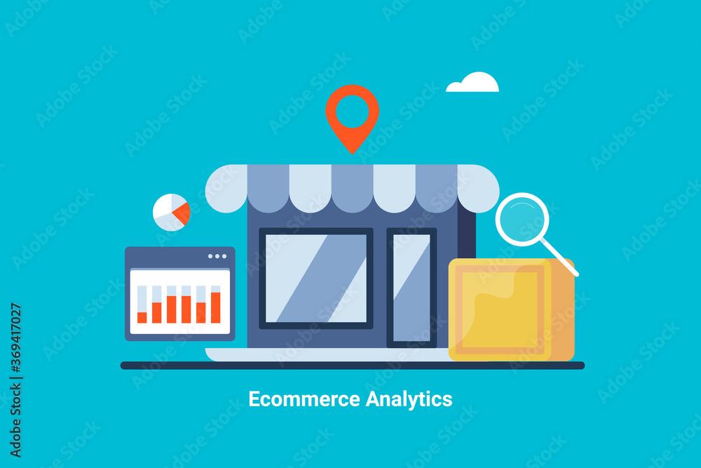 Poster online shopping and ecommerce business. data analytics software application for ecommerce web store 