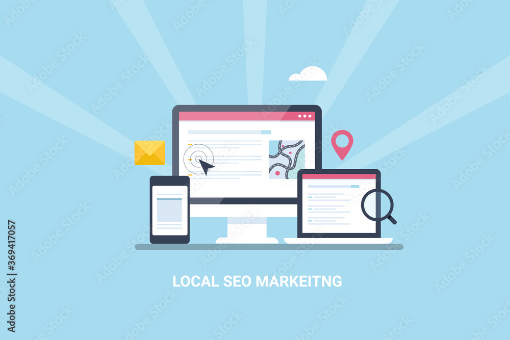 Poster local search, local business listing displaying on desktop. searching local store, seo search result