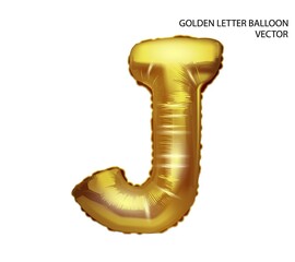 Gold inflatable toy foil balloons font. Letter J. 3D vector realistic. You can change the color.
