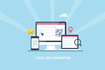 Local search, local business listing displaying on desktop.  Searching local store, seo search result showing on laptop and mobile. Local search marketing and local seo optimization. Web banner.