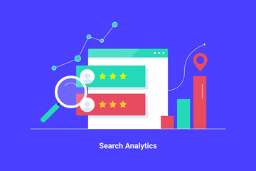 Analytics software, data analysis and kpi metric displaying on dashboard. Seo report and business intelligence application for web search. Business analysis concept. Web banner template.