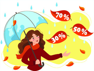 Woman goes under an umbrella. Season of sale and discounts. Banner autumn discounts 30%, 50%, 70%. Vector illustration in flat style