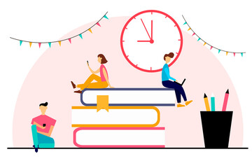 Characters doing various tasks. Illustration of online learning, school, creative ideas, business. Vector illustration in flat style. 