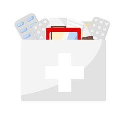 first aid kit with various medicines and pills. Vector on a white background.