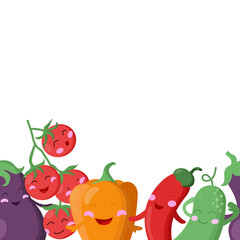 cute vegetables: eggplant, cherry tomatoes, peppers, cucumber. Cartoon food collected in a seamless banner