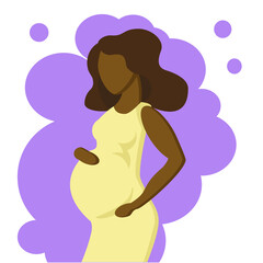 Charming dark-skinned girl in the last month of pregnancy. Woman pregnant sideways in a dress emphasizing a figure.