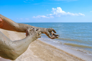 Selective focus on hands in curative mud on the background of the sea beach. The woman smears the other hand with one hand. Hot sunny day at the sea. Spa treatments. Copy space.
