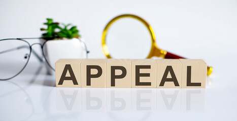 APPEAL concept on wooden cubes and flower ,glasses ,coins and magnifier on white background