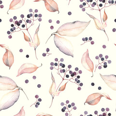 Obraz na płótnie Canvas Watercolor seamless pattern with autumn leaves and black berry rowan Aronia. Abstract illustration in vintage style on ivory background.