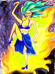 Flamenco dancer with green hair dancing on fire flames, hand drawn with watercolor