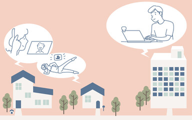 自宅中心の生活になった街の風景イラスト