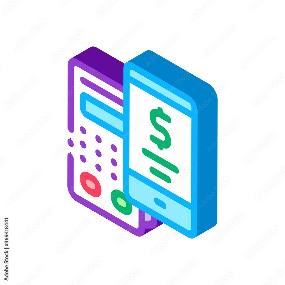 Poster pos terminal smartphone payment app icon vector. isometric pos terminal smartphone payment app sign.