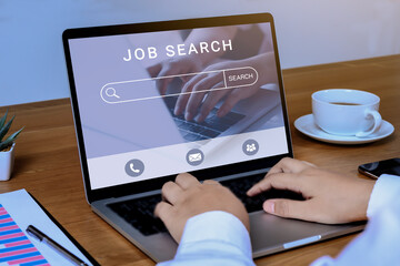 Job search concept, find your career, woman using laptop with job search at online website on screen.