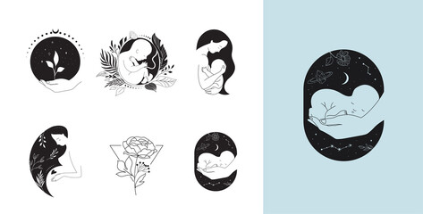 Motherhood, maternity, babies and pregnant women logos, collection of fine, hand drawn style vector illustrations and icons 
