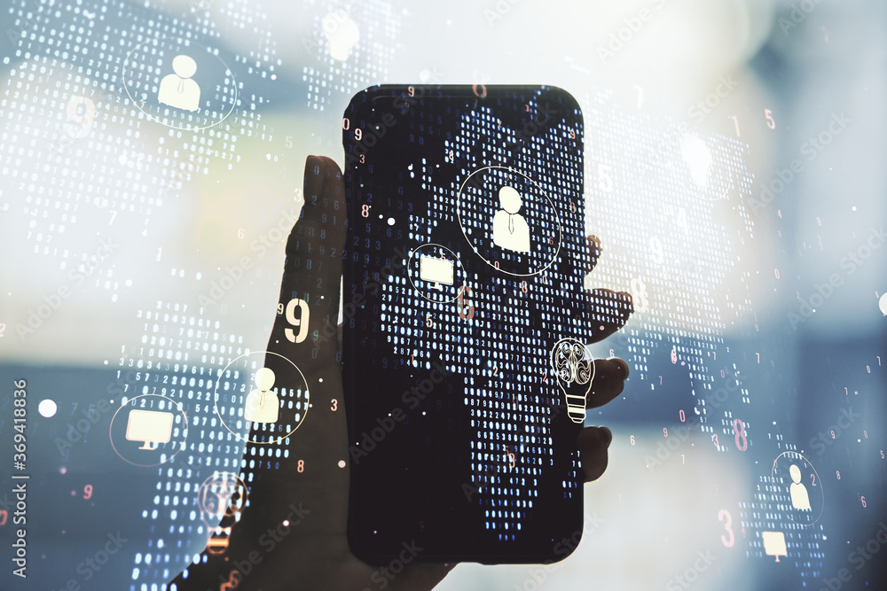 Poster double exposure of social network icons concept with world map and hand with cell phone on backgroun