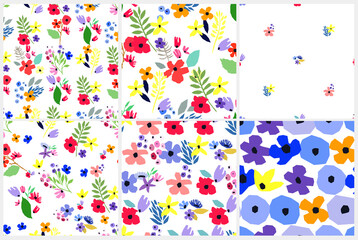 Seamless pattern set. Vector floral design with wildflowers. Romantic background collection