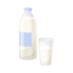 Plastic Bottle of Milk with Full Glass as Dairy Product Vector Illustration