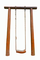 Rope swing with wooden seat on heartwood poles on white background