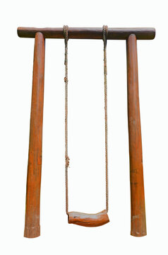 Rope swing with wooden seat on heartwood poles on white background