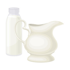 Jug of Milk or Kefir as Dairy Product with Bottle Vector Illustration