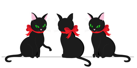 set of black cats with red bows. Cartoon character of a cat sitting in various poses. Vector illustration.