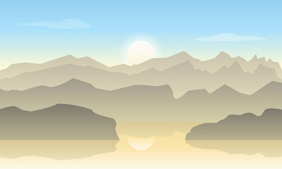 Fototapeta na wymiar Vector landscape in pastel colors with silhouettes of mountains and warm sunlight. The sun and the silhouettes of the mountains are reflected on the surface of the water. Sunrise in the mountains.