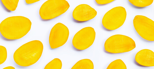 Tropical fruit, Mango slices on white background.