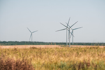 Wind turbines in an arid landscape. An alternative way of generating electricity from the wind. Innovative technologies for the future with zero emissions. Copy space. 