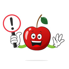 Cherry character smiles with a warning sign on a white background -vector